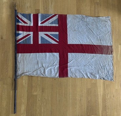 Lot 1834 - Vintage white ensign flag, attached to a wooden pole, 118cm x 173cm