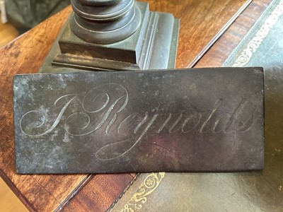 Lot 1840 - Late 18th / early 19th century bronze plaque with engraved 'J. Reynolds', perhaps the great Sir Joshua...9.5cm x 23.5cm