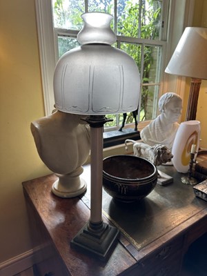 Lot 1841 - 19th century Palmer & Co. patent lamp, brass mounted on square stepped base, with frosted glass shade, 80cm high overall