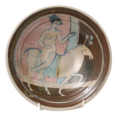 Lot 1850 - *Eric Mellon (1925-2014) studio pottery bowl, decorated with nude figure, signed to the inside of the footrim, dated 1986