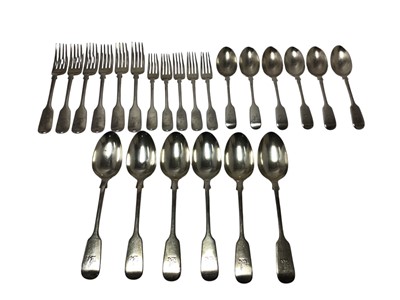 Lot 376 - Service of Victorian fiddle pattern flatware for six place settings, one dessert fork lacking
