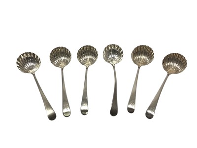 Lot 380 - Set of six George III serving spoons with shell shaped bowls