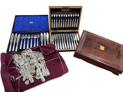 Lot 154 - Two cased sets of mother of pearl handled fish knives and forks and various plated cutlery