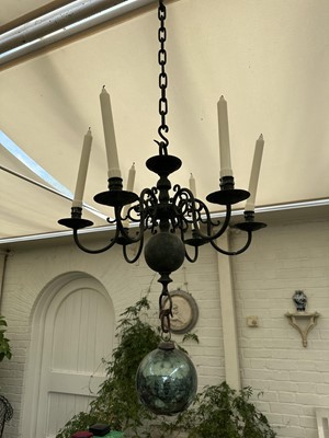 Lot 1853 - Antique brass six branch hanging chandelier with scroll supports, 57cm wide