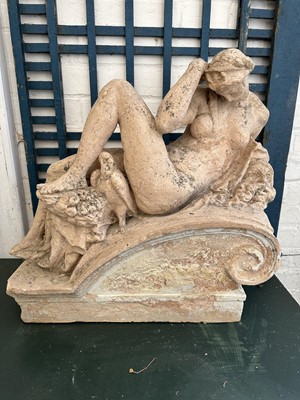 Lot 1855 - Pair of 19th century terracotta figures after Michelangelo's Night and Day, 53cm high x approximately 60cm wide Provenance: Moxhams Antiques, Bradford-on-Avon, 6th June 1991