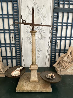 Lot 1856 - 18th century Italian marble fish scales, the central support of classical form, with brass mounts, 100cm high