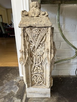 Lot 1862 - Antique carved stone architectural fragment decorated with barley ears, on Portland stone square plinths, 66cm high overall