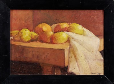 Lot 1865 - Hyam Myer (1904-1978) oil on board - Still Life on a Table, signed, 24cm x 34.5cm, in ebonised frame