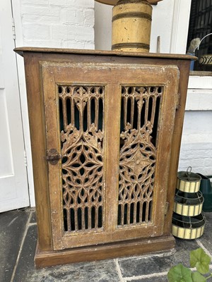 Lot 1868 - Victorian style painted cupboard in the Gothic taste with pierced single door, 70cm wide x 41.5cm deep x 93cm high