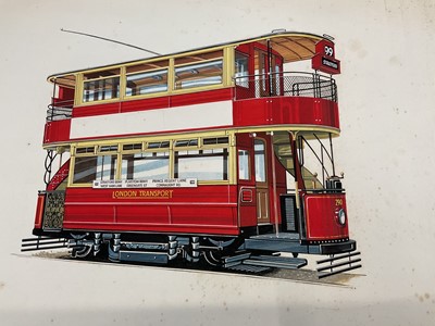 Lot Early 20th century watercolour and gouache study of a London Transport Tramways 290, 99 Stratford tram, mounted on card, 57 x 46.5cm overall.