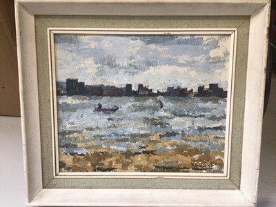 Lot 5189 - Primrose Braby (b.1938) oil on board, Thames scene, together with a watercolour by the same artist, an abstract oil signed '69' and two other other works (5)