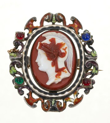 Lot 561 - 19th century carved hardstone cameo depicting a Roman soldier wearing a griffin helmet, in an Austro-Hungarian white metal enamelled brooch mount