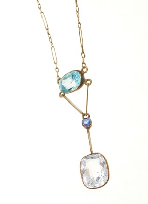 Lot 667 - Edwardian aquamarine, sapphire and blue zircon pendant drop necklace