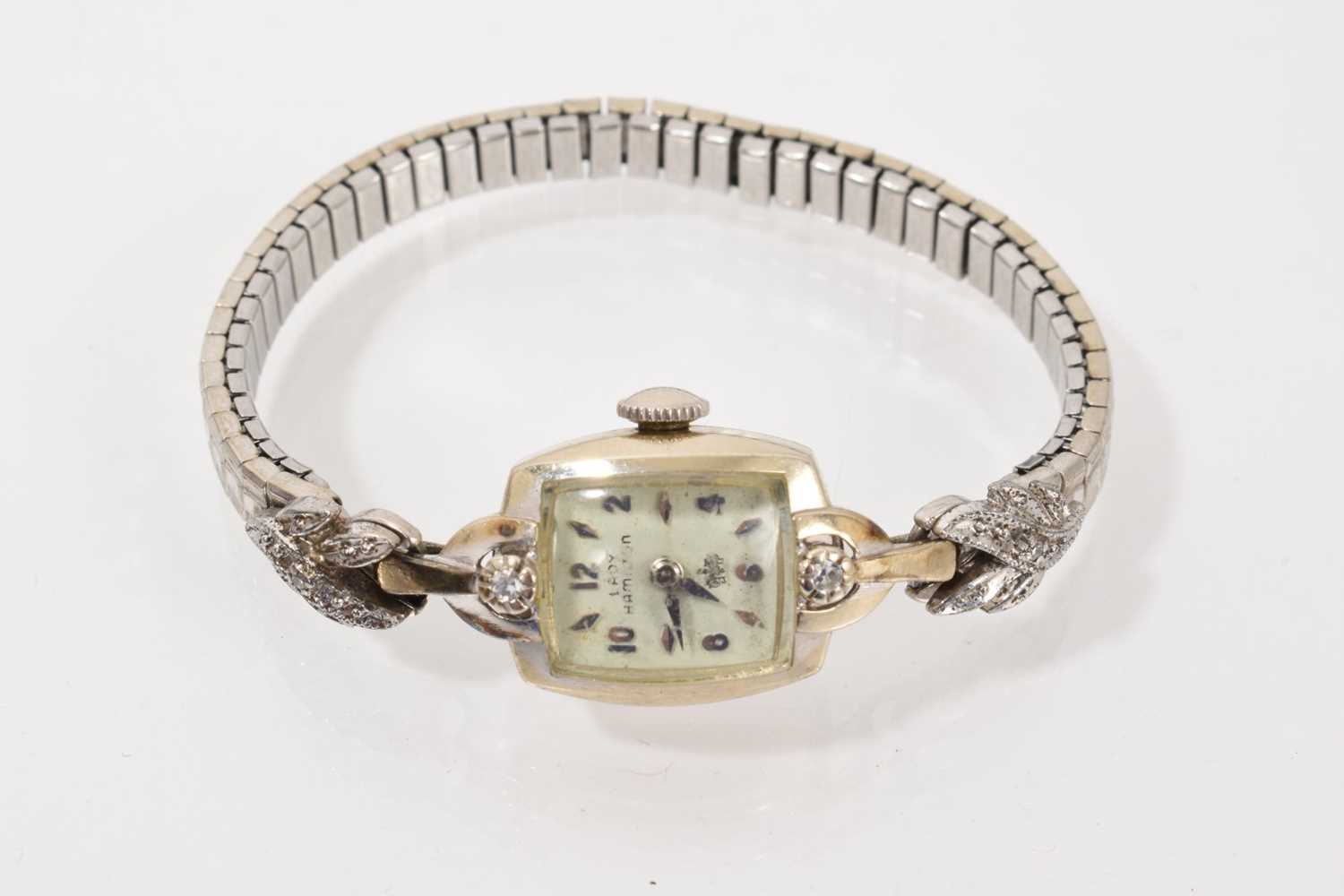 Lot 795 - American 'Lady Hamilton' 14ct white gold and diamond cocktail watch on stainless steel expandable bracelet