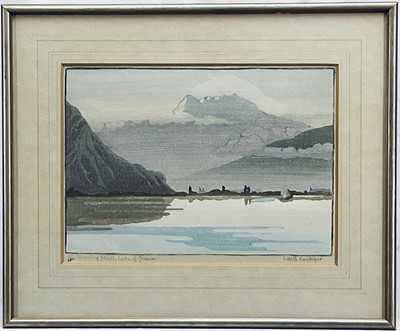 Lot 94 - Isabel de Bohun Lockyer (1895-1980) linocut - Morning Mist, Lake Geneva, signed titled and numbered 4/100, 17cm x 25cm, glazed frame