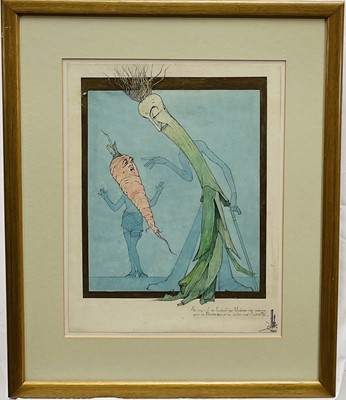 Lot 98 - French School, 20th century watercolour - Carrot and Leek in conversation, signed with monogram, 40cm x 32cm, glazed frame