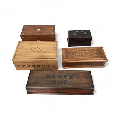 Lot 5139 - Group of antique and other boxes, including two with stamped inscriptions 'Glove Box' and 'Trinkets' (5)
