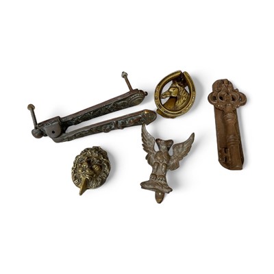 Lot 5042 - Victorian brass door knocker by Kendrick & Sons, with four other antique and later door knockers (5)