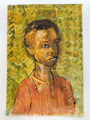 Lot 137 - Manner of Donald Friend, ink and watercolour on paper - Young boy in orange shirt, 25cm x 17cm, unframed