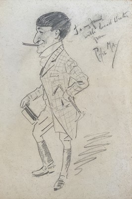 Lot 142 - Phil May (1864-1903) pencil caricature of man with riding crop in checked coat, signed, with dedication, 32cm x 22cm, with mount, unframed