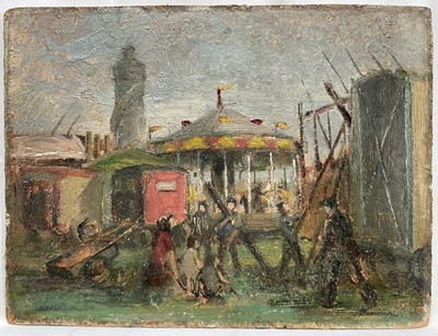 Lot 140 - Modern British School, oil on board - Fairground, signed indistinctly, 30cm x 40cm, unframed
