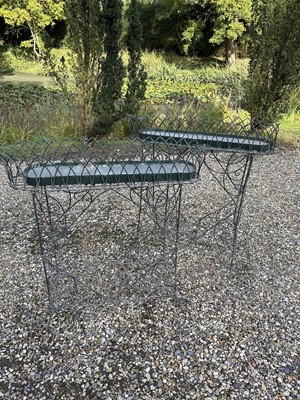 Lot 1926 - Pair of Victorian style green painted wirework plant troughs, 79cm wide x 81cm high