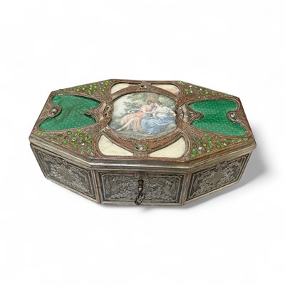 Lot 5033 - Antique French silver plated casket, of octagonal form, with central painted panel possibly depicting Artemis, with green guilloche enamel and ivory panels, inset green beads, the outside with f...