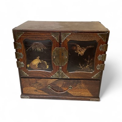 Lot 5036 - Antique Japanese Meiji period miniature lacquer cabinet, decorated with a tortoise and crane, with inlaid decoration to the drawer