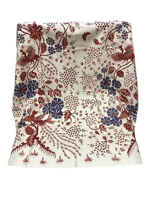 Lot 2535 - A Chinese woven silk scarf, a purple crimped silk mix fabric, two Batik skirts and one Batik scarf