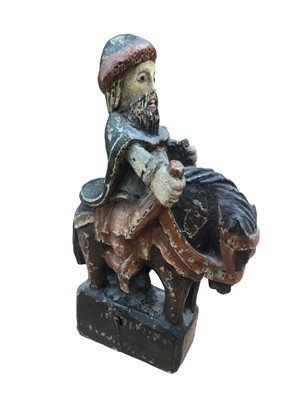 Lot 5017 - Interesting carved wood sculpture of a horse and rider, polychrome painted