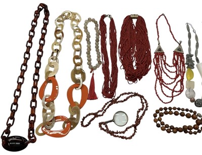 Lot 1038 - Group of vintage bead necklaces including goldstone bead necklace with an eyeglass, hardstone beads etc
