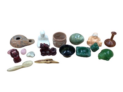 Lot 5024 - Group of objets vertu including a Roman pottery oil lamp, Japanese bamboo pipe, carved alabaster spoon with 'hand' decoration, interesting bone item (possibly a sewing tool), etc