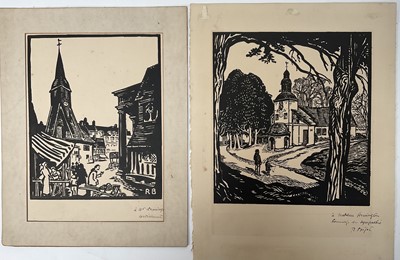 Lot 133 - Raymond Bigot (1872-1953) two woodcut prints, La Chapelle Notre-Dame-des-Grace and La Place Sainte-Catherine Honfleur, both signed with dedications to Canadian artist Caroline Armington, 23cm x...