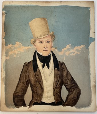 Lot 132 - 19th century watercolour miniature of a gentleman in grey top hat, 11cm x 9cm, unframed