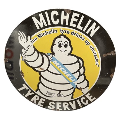 Lot 66 - Michelin 'Tyre Service' "Cheers, the Michelin tyre drinks up obstacles', enamel sign, 76cm in diameter.