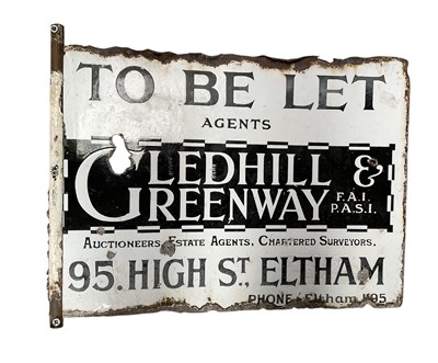 Lot 59 - Vintage enamel double sided Estate Agents sign 'To Be Let Glendhill & Greenway", 54.5 x 39.5cm