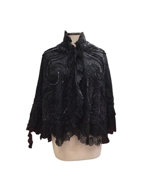 Lot 2516 - Victorian black silk and lace mourning shawl with embroidered black sequins
