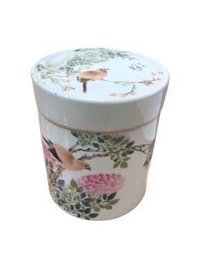 Lot 5031 - Antique 19th/20th century Chinese porcelain jar and cover, of cylindrical form, polychrome painted with birds, flowers and calligraphy, seal mark to base