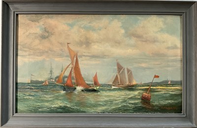 Lot 231 - J. Callingham (act. 1873-1879) oil on canvas - A seascape with sailing barges racing by a buoy, a warship beyond, signed and dated 1917, 30cm x 51cm, framed