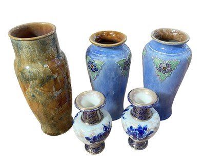 Lot 5005 - Pair of Royal Doulton vases, together with three further Doulton stoneware vases (5).