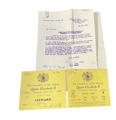Lot 5096 - Group of Royal related ephemera to include 1953 Coronation of Queen Elizabeth II stewards pass, related letter and other booklets.
