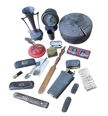 Lot 5011 - Japanese wooden box, Smiths car clock, silver teaspoon, draughtmans set in shagreen case and other virtue items.