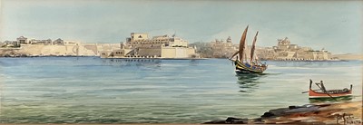 Lot 113 - Joseph Galea (Maltese, 1904-1985) watercolour, The Grand Harbour Malta, signed, 19cm x 54cm, glazed frame