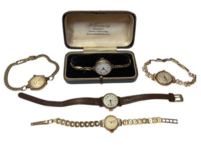 Lot 121 - 9ct gold Vertex and Record ladies' wristwatches both on 9ct gold bracelets, two other 9ct gold cased ladies wristwatches on gold plated bracelets and an Ingersol watch on leather strap (5)