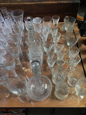 Lot 5007 - Group of 19th century and later glassware, including a cut glass candlestick, rummers, decanters, etc