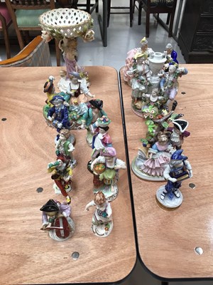 Lot 5015 - Group of 19th and 20th century continental porcelain figurines, including a Dresden monkey band figurine, other Dresden, etc