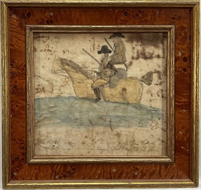 Lot 42 - Early 19th century naive school watercolour of two figures on horseback, inscribed below "H.B and W.B.K. Crossing the Taff in 1809 from New House to Duffoyon".18cm x 19.5cm, in glazed frame