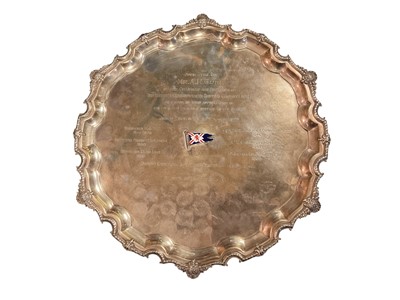 Lot 71 - Large silver salver with enamelled flag decoration and engraved presentation inscriptions, 39cm diameter