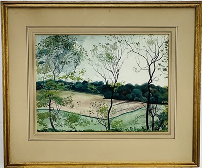 Lot 104 - Pauline Evelyn Konody (-1976) watercolour on paper - The Ploughed Field, signed and titled verso, 34cm x 46cm, glazed frame Provenance: Daily Express Young Artists' Exhibition, 1960s