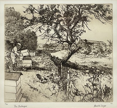 Lot 106 - Harold Sayer (1913-1993) limited edition etching - The Beekeeper, signed titled and dated 1986, 68/250, 21cm x 24cm, glazed frame
